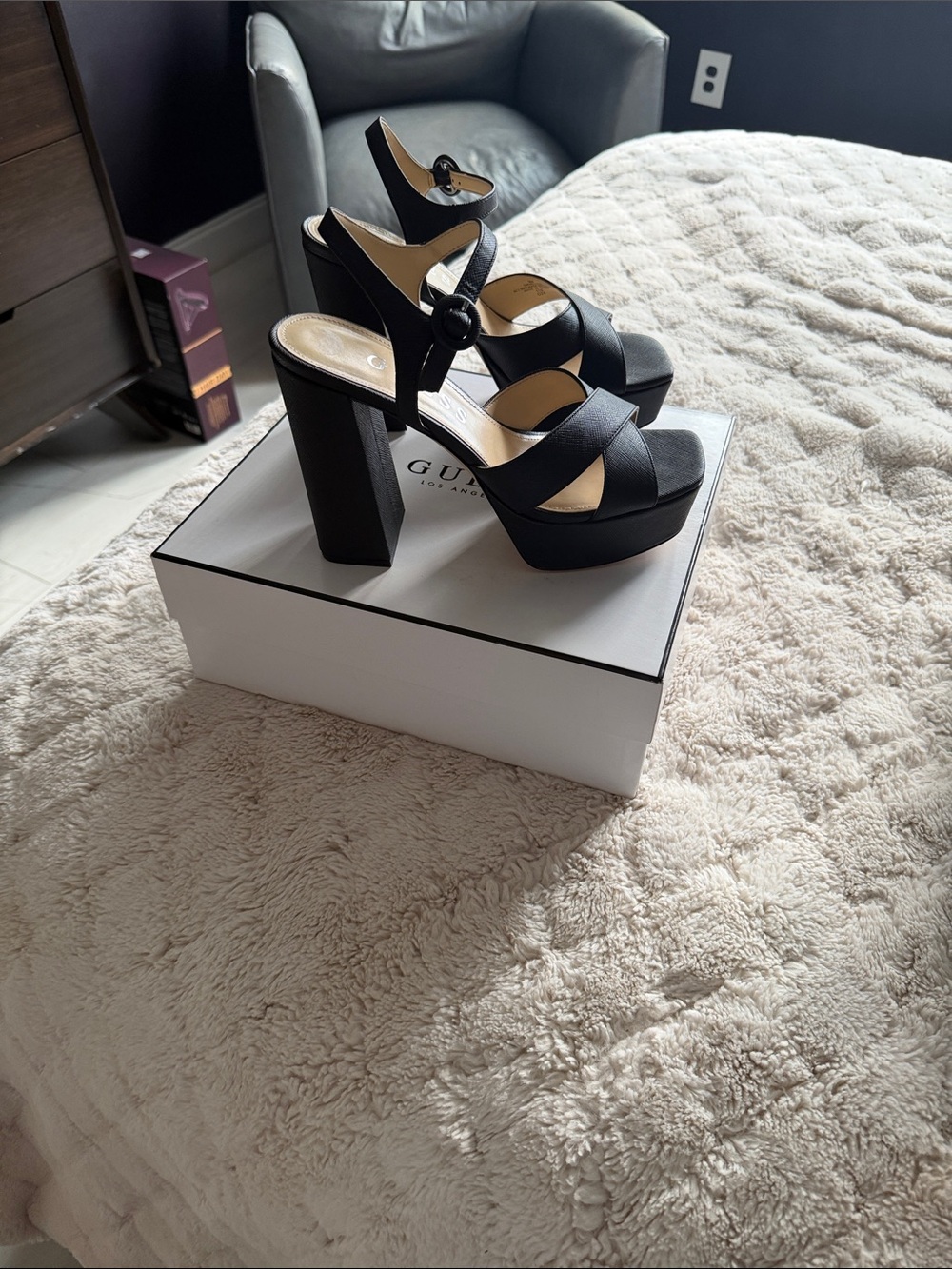 Guess Black Platform Block Heel Sandals with Ankle Strap - Picture 3 of 4